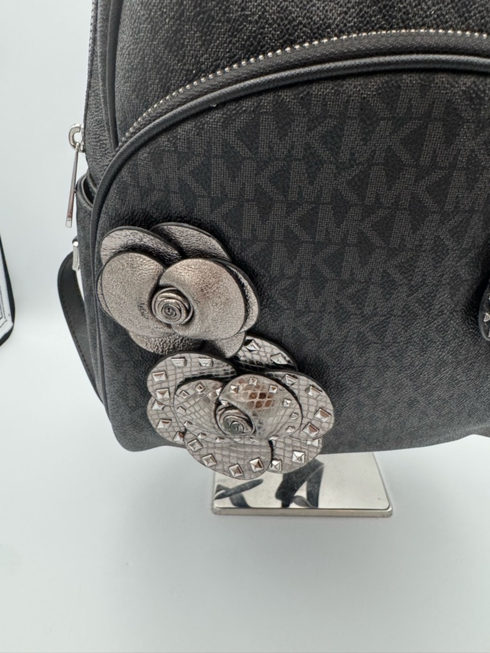 Michael Kors Black Signature Logo Mini Backpack with Floral Stud Accents - Picture 3 of 7